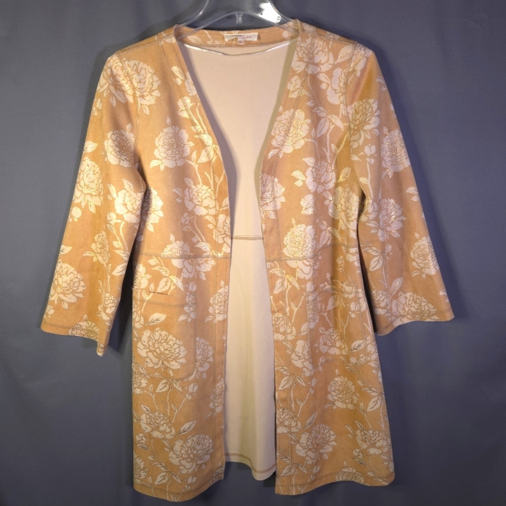 Solitaire Anthropologie Faux Suede Open Front‎ Cardigan Size Medium Floral Boho